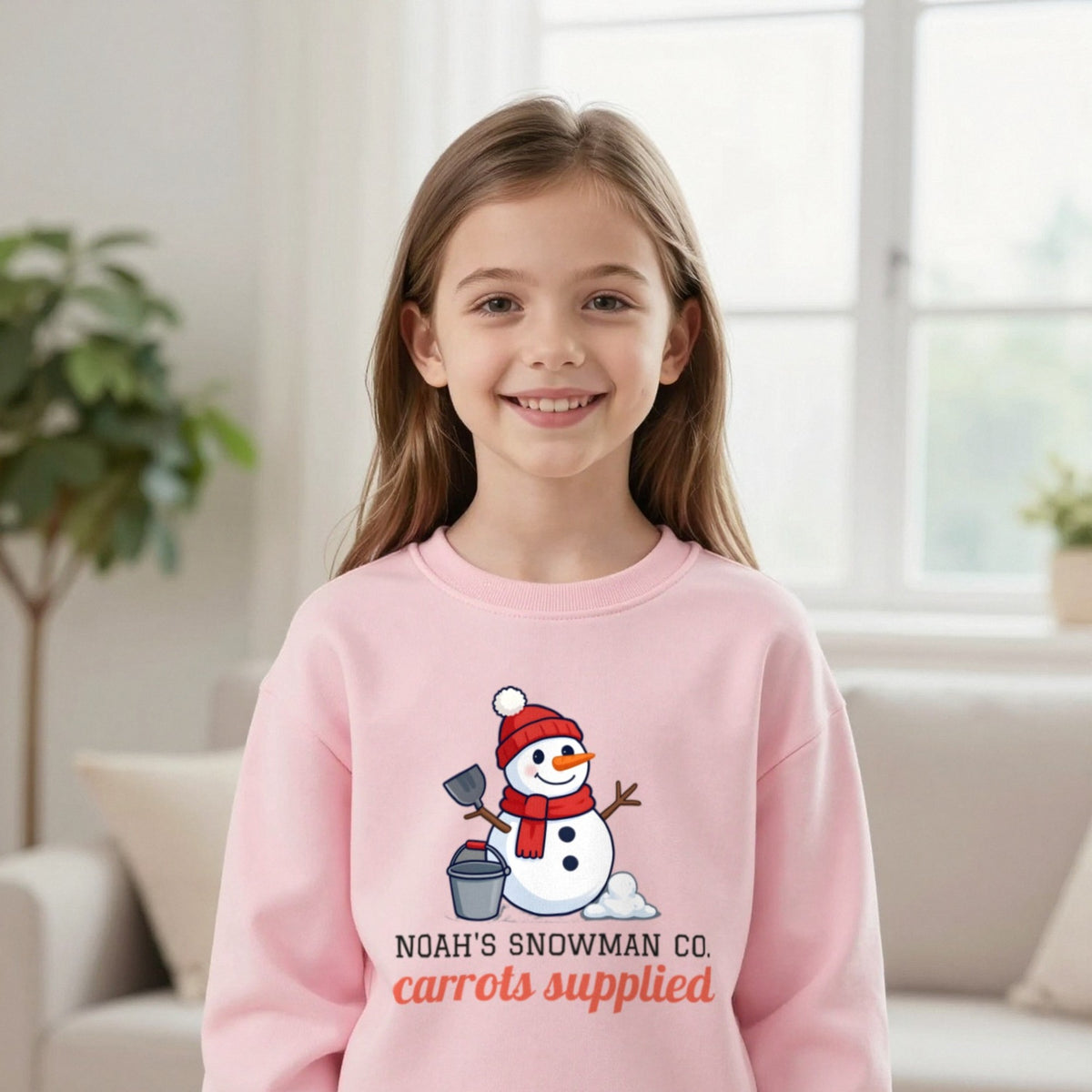 Kids Personalised Snowman Building Co Christmas T-Shirt & Sweatshirt Sweatshirt in Light Pink, worn, our photo