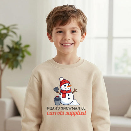 Kids Personalised Snowman Building Co Christmas T-Shirt & Sweatshirt Sweatshirt in Sand, worn, our photo