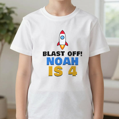 Kids Personalised Space Rocket Birthday T-Shirt T-Shirt in White, worn, our photo