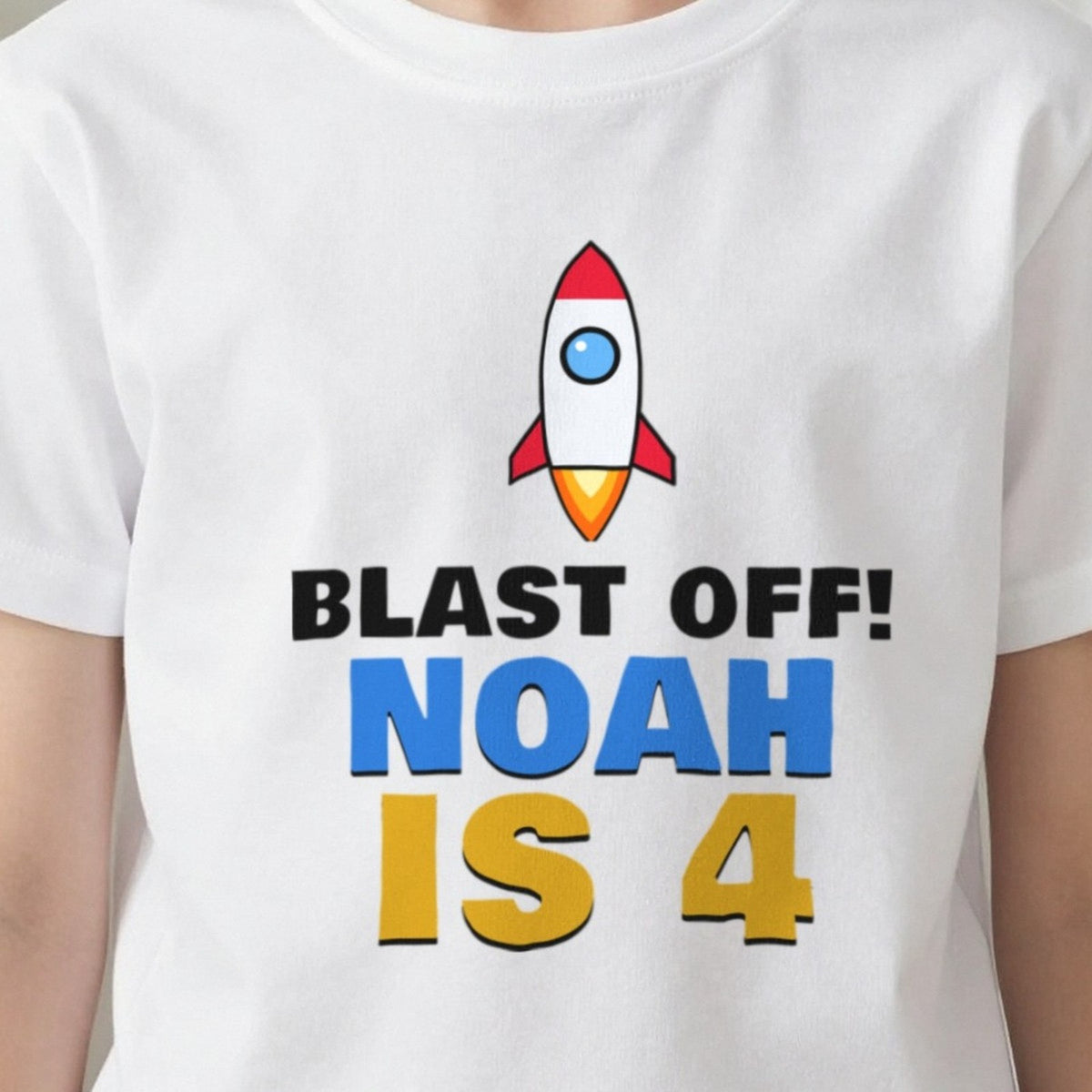Kids Personalised Space Rocket Birthday T-Shirt print close-up, our photo