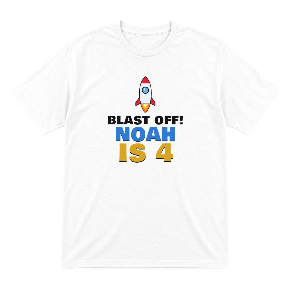 Kids Personalised Space Rocket Birthday T-Shirt laid flat
