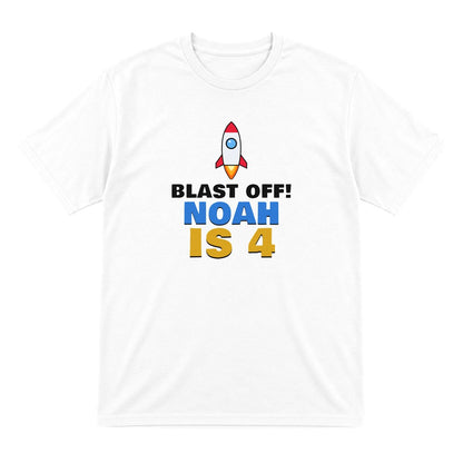Kids Personalised Space Rocket Birthday T-Shirt laid flat
