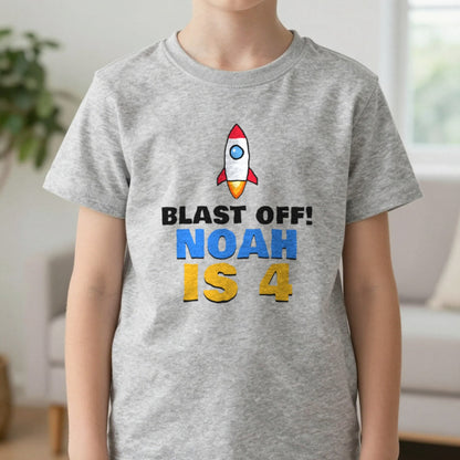 Kids Personalised Space Rocket Birthday T-Shirt T-Shirt in Sport Grey, worn, our photo