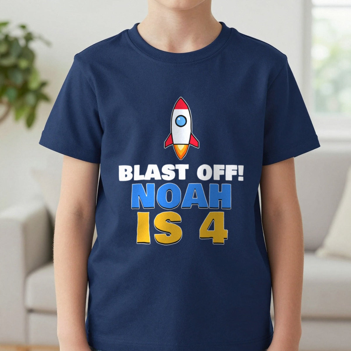 Kids Personalised Space Rocket Birthday T-Shirt T-Shirt in Navy, worn, our photo