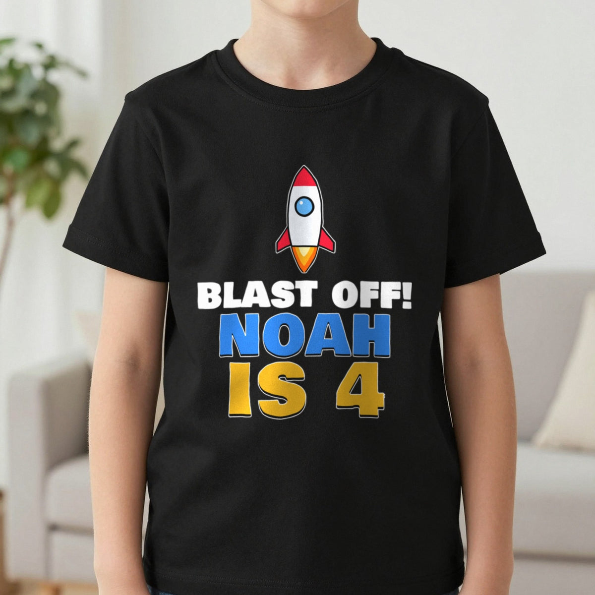 Kids Personalised Space Rocket Birthday T-Shirt T-Shirt in Black, worn, our photo