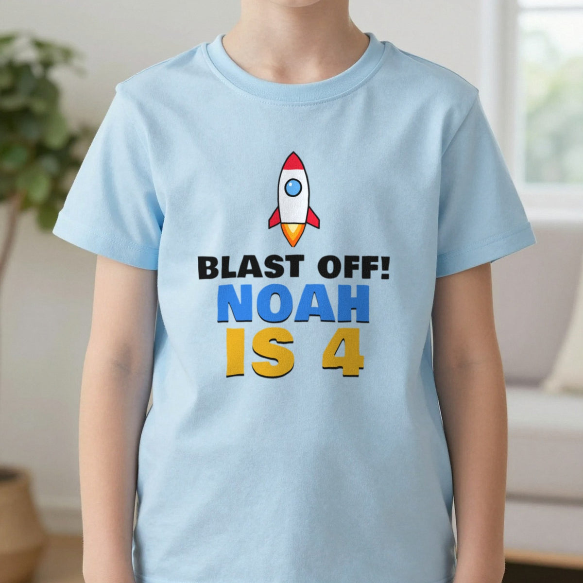 Kids Personalised Space Rocket Birthday T-Shirt T-Shirt in Light Blue, worn, our photo