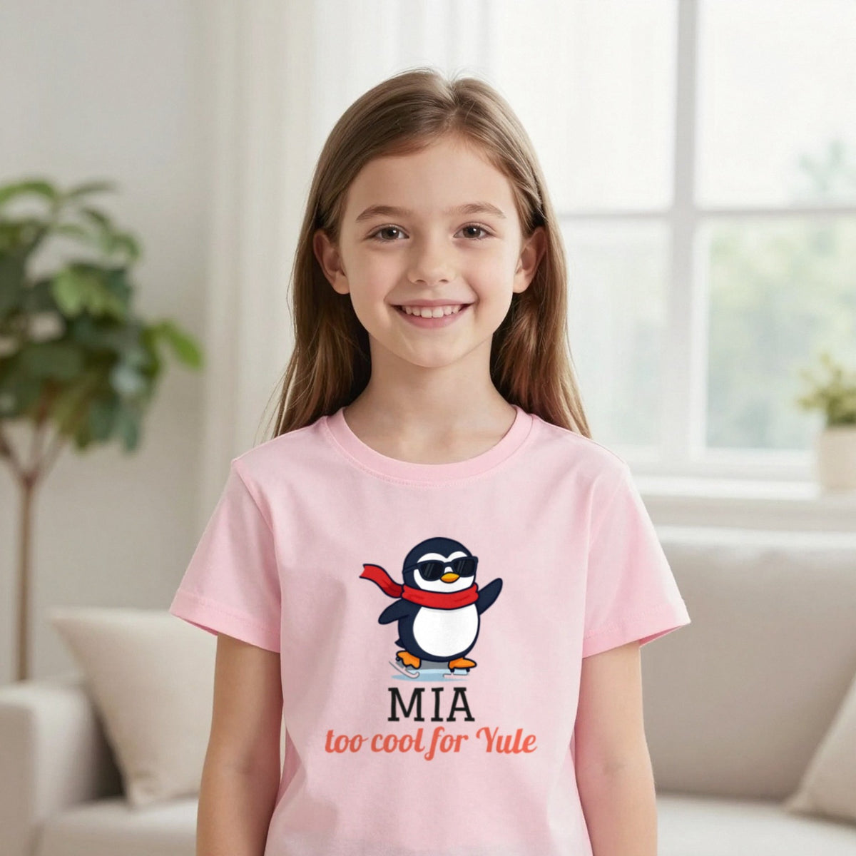 Kids Personalised Too Cool For Yule Christmas T-Shirt & Sweatshirt T-Shirt in Light Pink, worn, our photo
