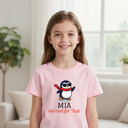 Kids Personalised Too Cool For Yule Christmas T-Shirt & Sweatshirt T-Shirt in Light Pink, worn, our photo