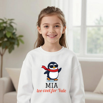 Kids Personalised Too Cool For Yule Christmas T-Shirt & Sweatshirt Sweatshirt in White, worn, our photo