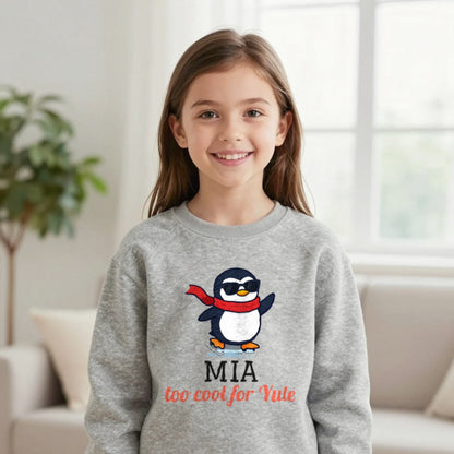 Kids Personalised Too Cool For Yule Christmas T-Shirt & Sweatshirt Sweatshirt in Sport Grey, worn, our photo