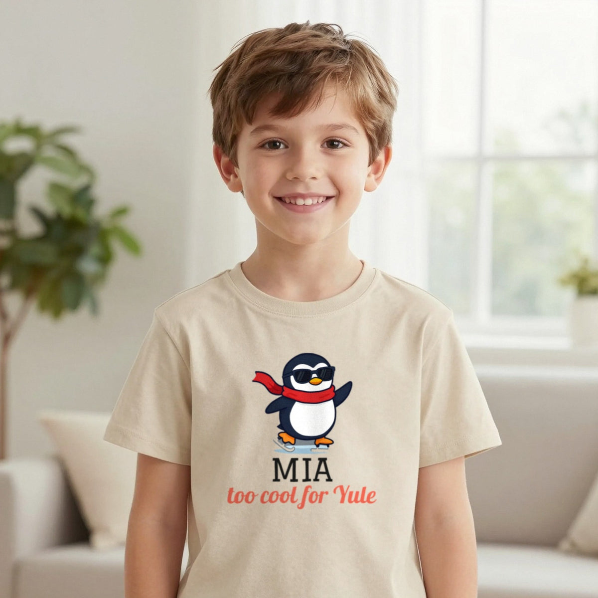 Kids Personalised Too Cool For Yule Christmas T-Shirt & Sweatshirt T-Shirt in Sand, worn, our photo