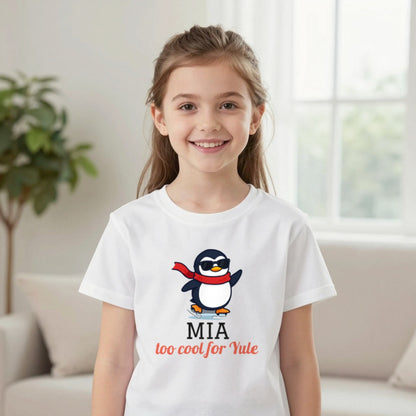 Kids Personalised Too Cool For Yule Christmas T-Shirt & Sweatshirt T-Shirt in White, worn, our photo