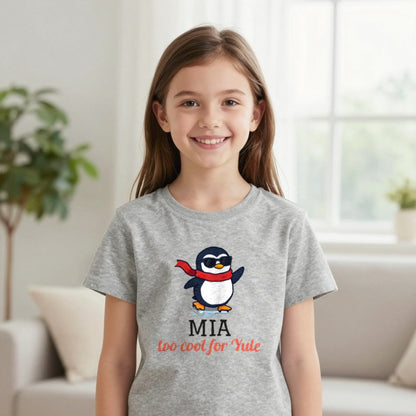 Kids Personalised Too Cool For Yule Christmas T-Shirt & Sweatshirt T-Shirt in Sport Grey, worn, our photo