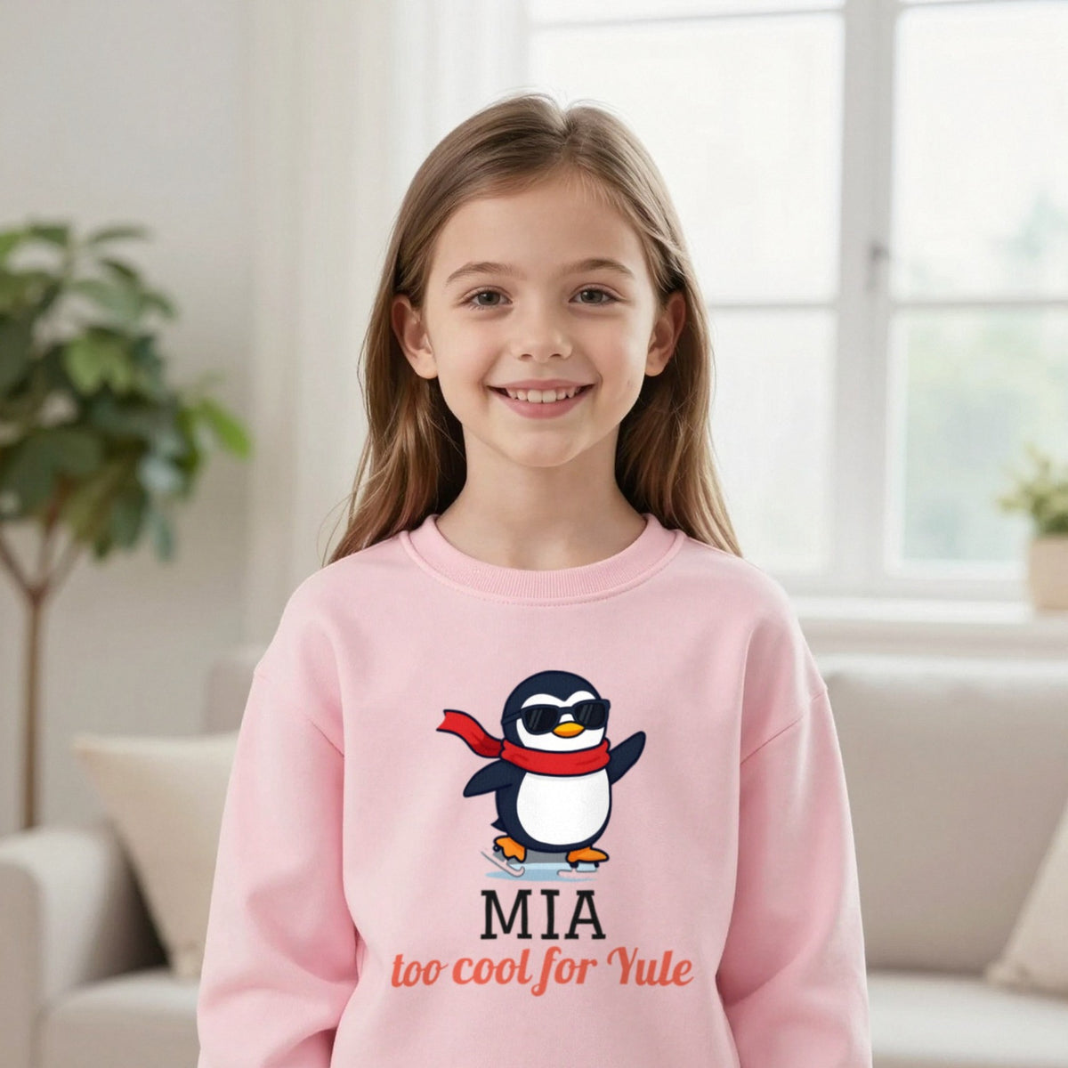 Kids Personalised Too Cool For Yule Christmas T-Shirt & Sweatshirt Sweatshirt in Light Pink, worn, our photo