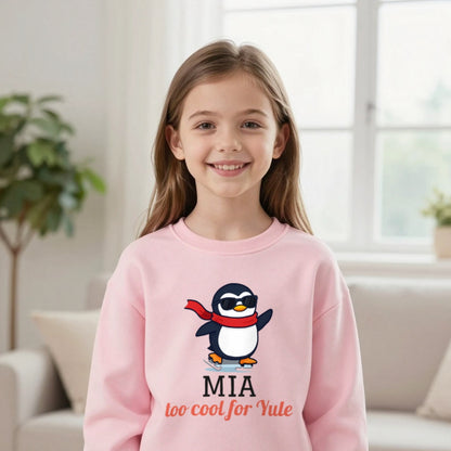 Kids Personalised Too Cool For Yule Christmas T-Shirt & Sweatshirt Sweatshirt in Light Pink, worn, our photo