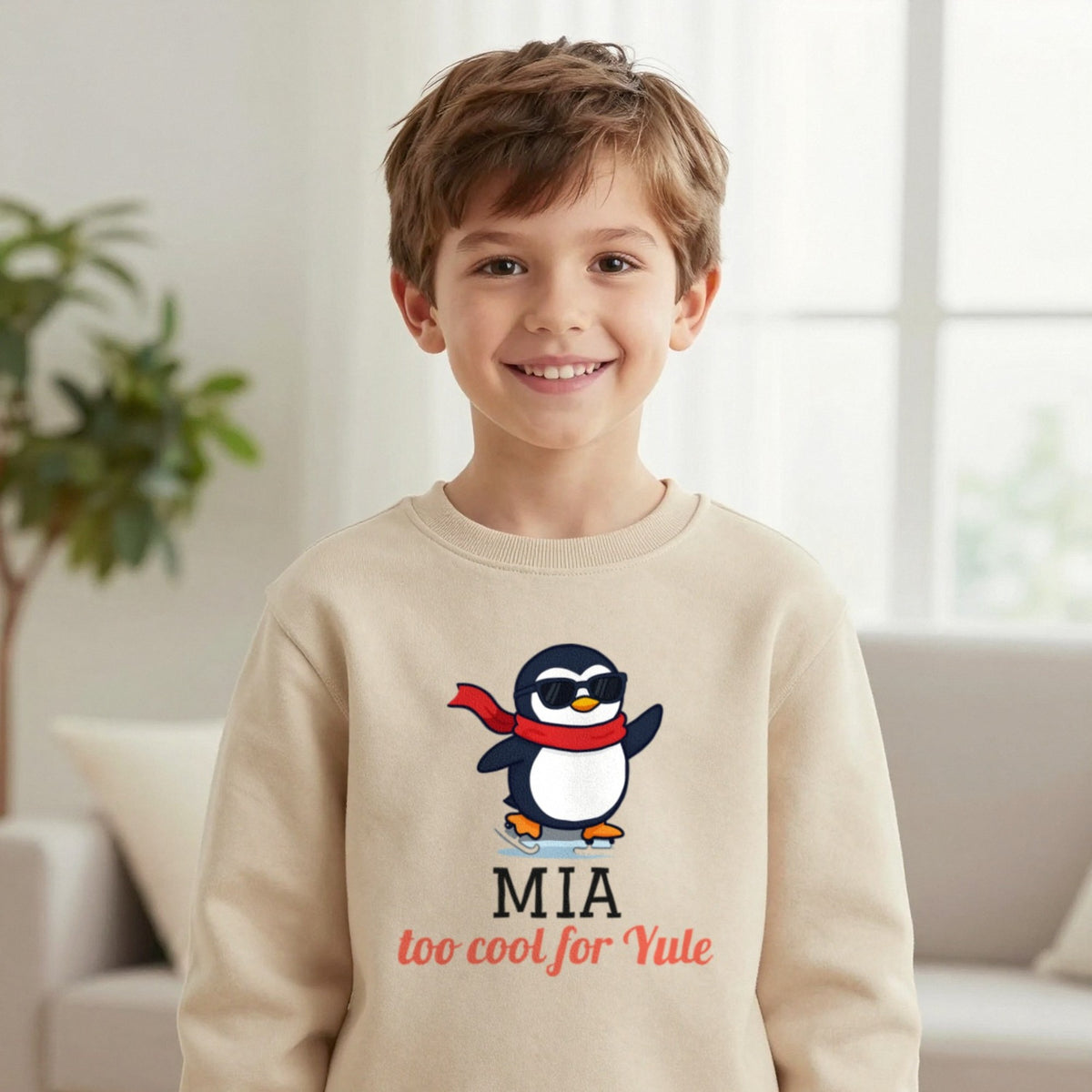Kids Personalised Too Cool For Yule Christmas T-Shirt & Sweatshirt Sweatshirt in Sand, worn, our photo