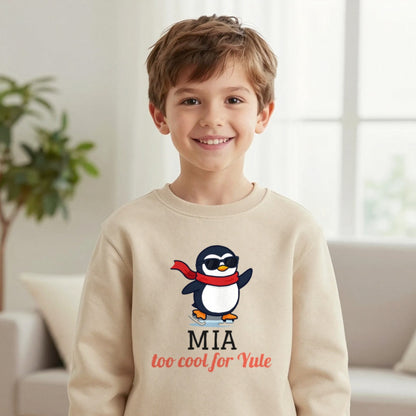 Kids Personalised Too Cool For Yule Christmas T-Shirt & Sweatshirt Sweatshirt in Sand, worn, our photo