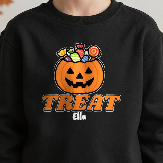 Personalised Trick or Treat Kids T-Shirt & Sweatshirt close-up