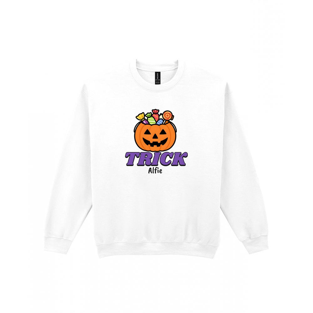 Personalised Trick or Treat Kids T-Shirt & Sweatshirt in White (Trick Sweatshirt)