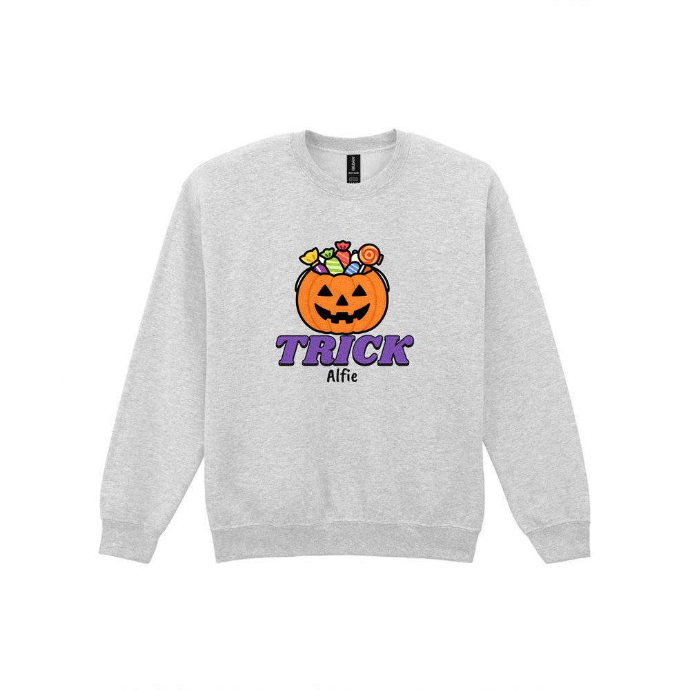 Personalised Trick or Treat Kids T-Shirt & Sweatshirt in Sport Grey (Trick Sweatshirt)