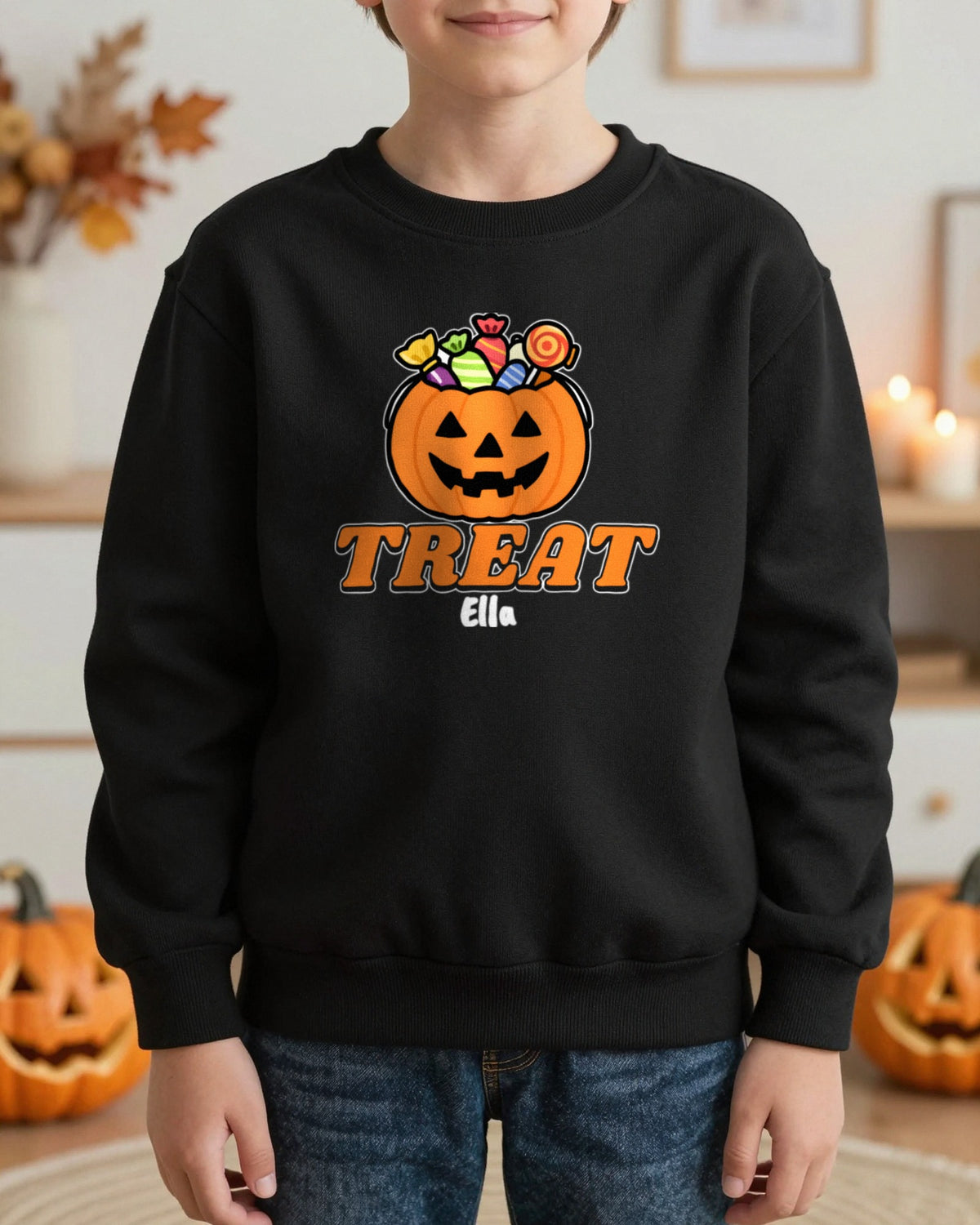 Personalised Trick or Treat Kids T-Shirt & Sweatshirt worn