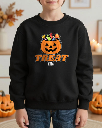 Personalised Trick or Treat Kids T-Shirt & Sweatshirt worn