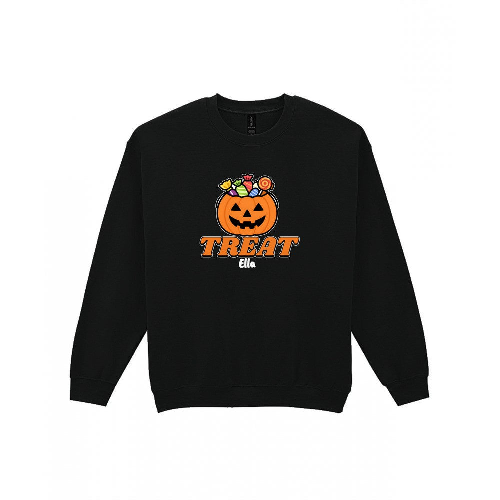 Personalised Trick or Treat Kids T-Shirt & Sweatshirt in Black (Treat Sweatshirt)