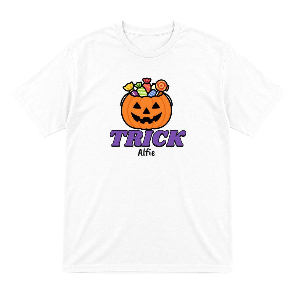 Personalised Trick or Treat Kids T-Shirt & Sweatshirt in White (Trick T-Shirt)