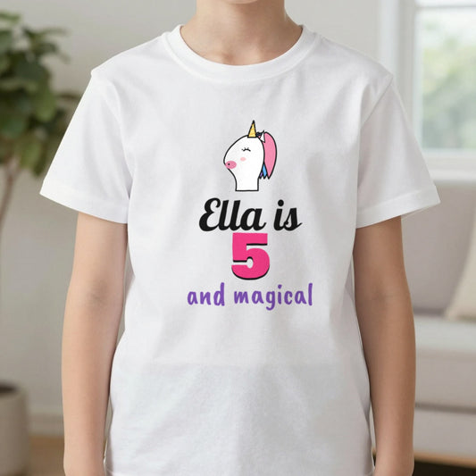 Kids Personalised Unicorn Birthday T-Shirt T-Shirt in White, worn, our photo