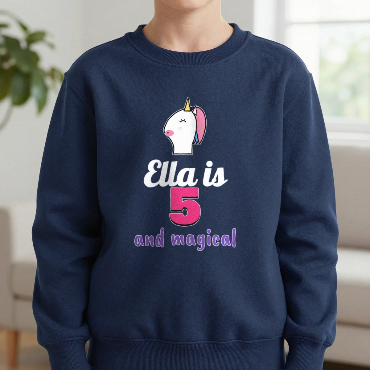 Kids Personalised Unicorn Birthday T-Shirt Sweatshirt in Navy, worn, our photo