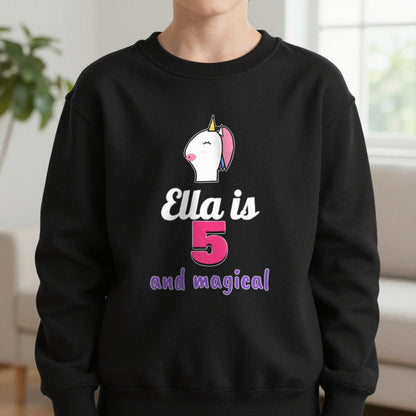 Kids Personalised Unicorn Birthday T-Shirt Sweatshirt in Black, worn, our photo