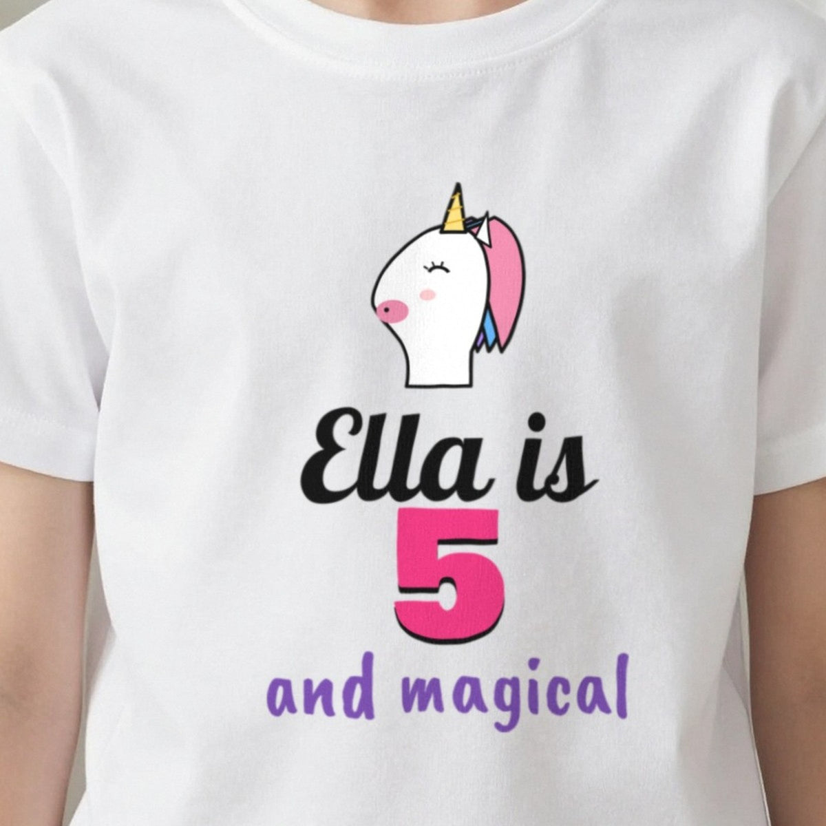 Kids Personalised Unicorn Birthday T-Shirt print close-up, our photo