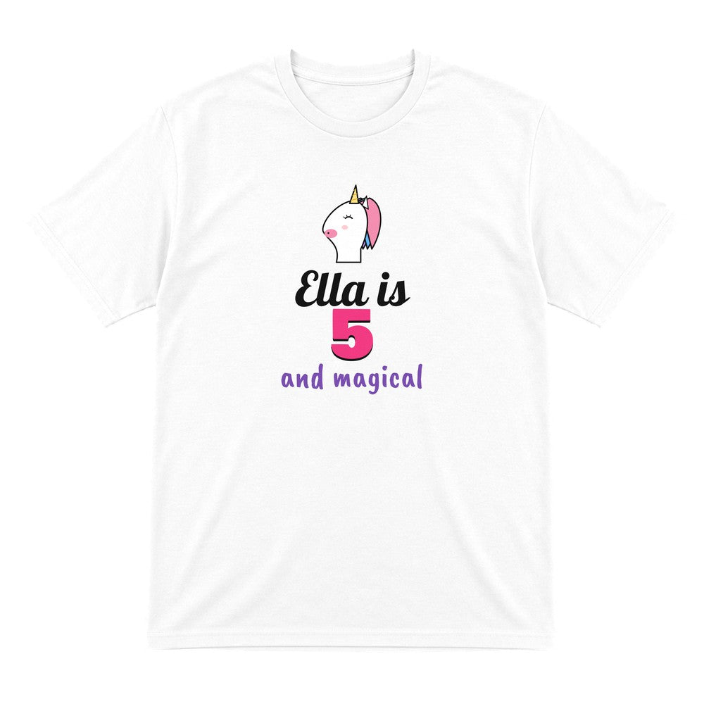 Kids Personalised Unicorn Birthday T-Shirt laid flat