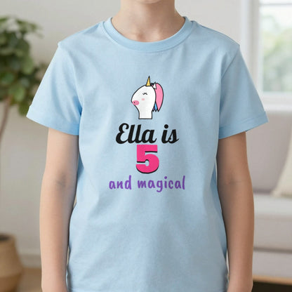 Kids Personalised Unicorn Birthday T-Shirt T-Shirt in Light Blue, worn, our photo