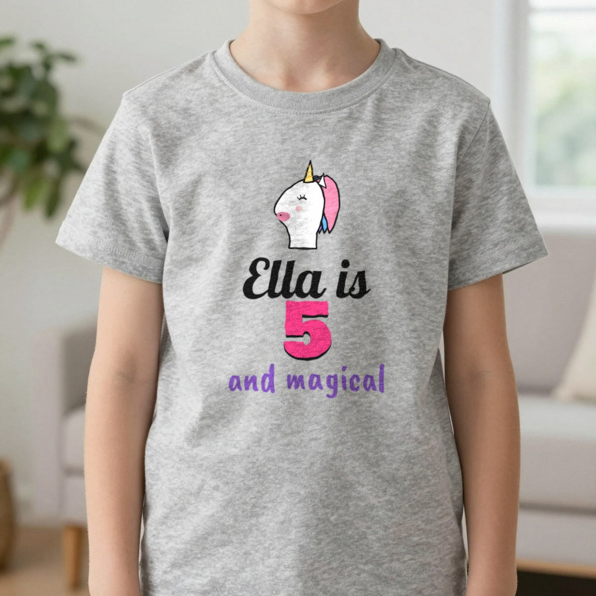 Kids Personalised Unicorn Birthday T-Shirt T-Shirt in Sport Grey, worn, our photo
