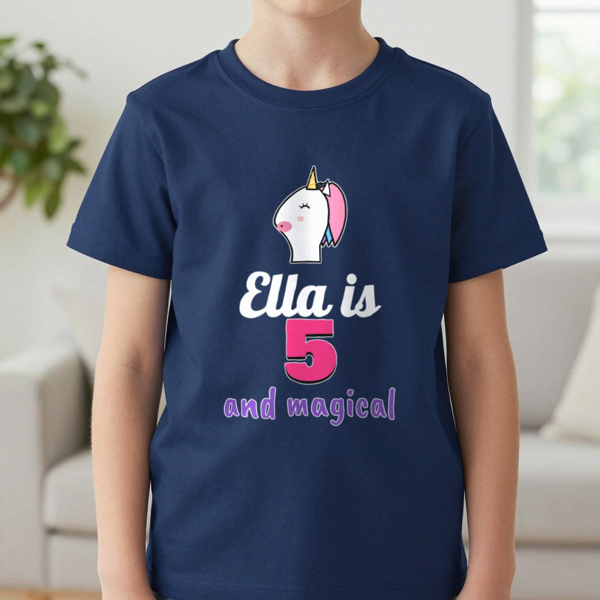Kids Personalised Unicorn Birthday T-Shirt T-Shirt in Navy, worn, our photo
