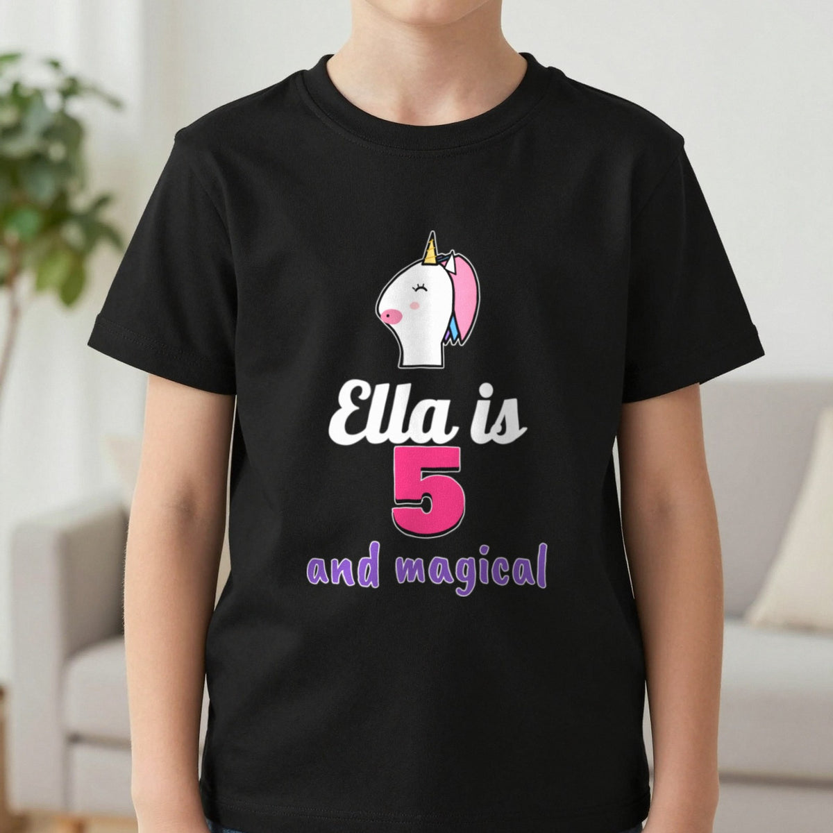 Kids Personalised Unicorn Birthday T-Shirt T-Shirt in Black, worn, our photo
