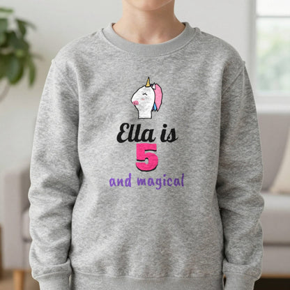 Kids Personalised Unicorn Birthday T-Shirt Sweatshirt in Sport Grey, worn, our photo