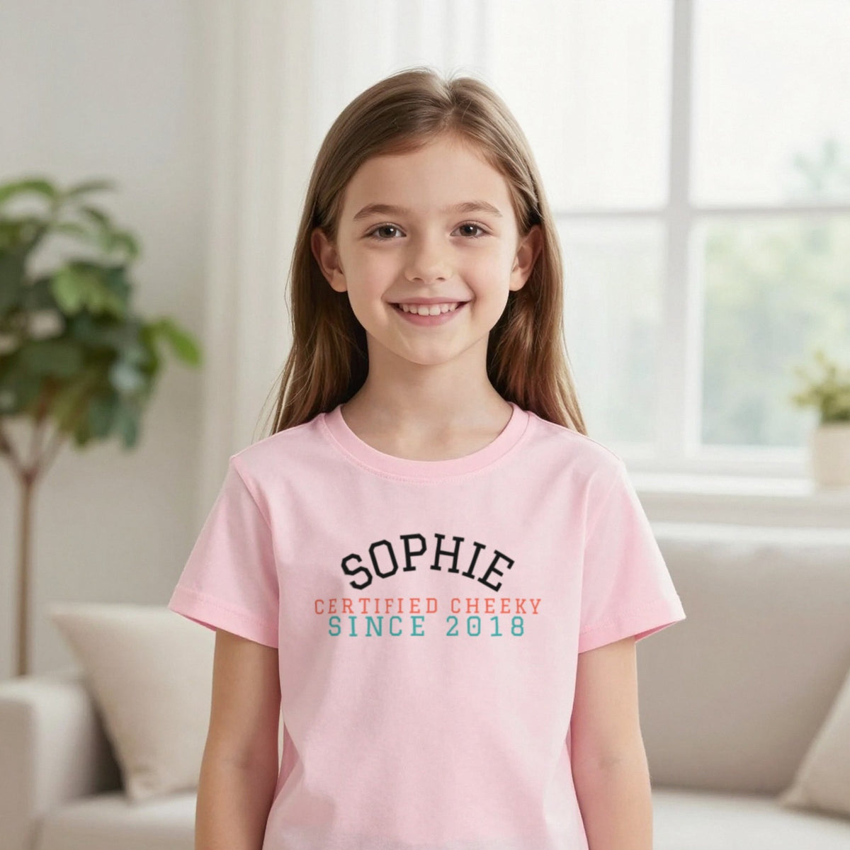 Kids Personalised Varsity Name T-Shirt & Sweatshirt T-Shirt in Light Pink, worn, our photo