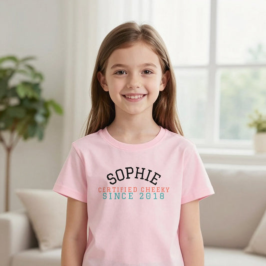 Kids Personalised Varsity Name T-Shirt & Sweatshirt T-Shirt in Light Pink, worn, our photo