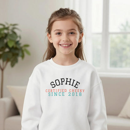 Kids Personalised Varsity Name T-Shirt & Sweatshirt Sweatshirt in White, worn, our photo