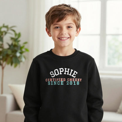 Kids Personalised Varsity Name T-Shirt & Sweatshirt Sweatshirt in Black, worn, our photo
