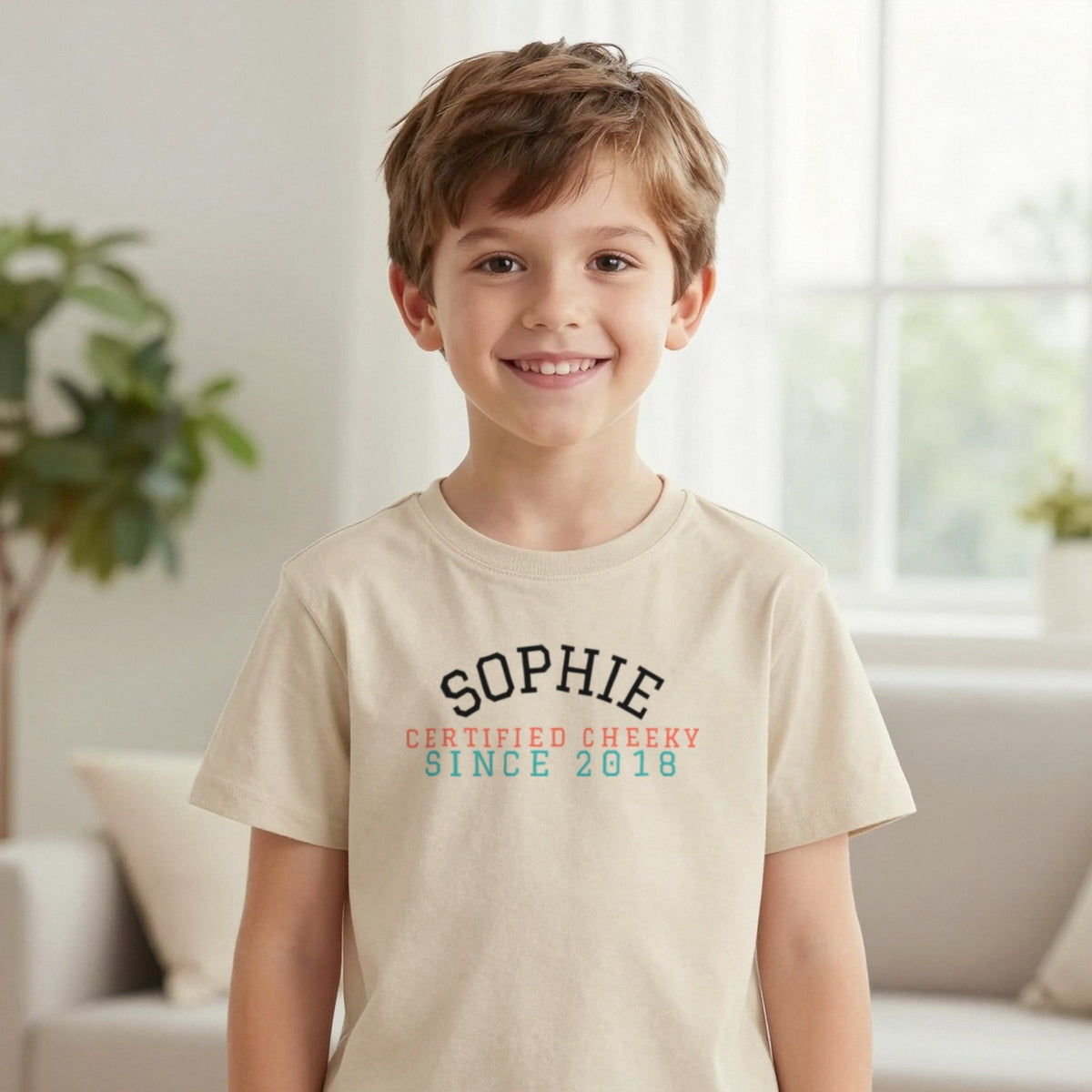 Kids Personalised Varsity Name T-Shirt & Sweatshirt T-Shirt in Sand, worn, our photo