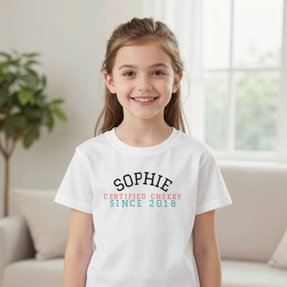 Kids Personalised Varsity Name T-Shirt & Sweatshirt T-Shirt in White, worn, our photo