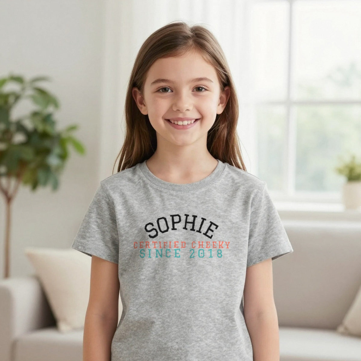 Kids Personalised Varsity Name T-Shirt & Sweatshirt T-Shirt in Sport Grey, worn, our photo