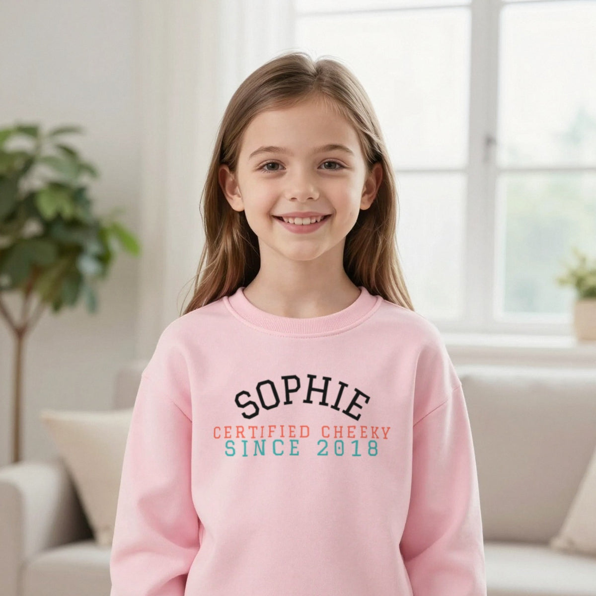 Kids Personalised Varsity Name T-Shirt & Sweatshirt Sweatshirt in Light Pink, worn, our photo
