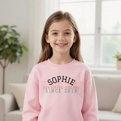 Kids Personalised Varsity Name T-Shirt & Sweatshirt Sweatshirt in Light Pink, worn, our photo