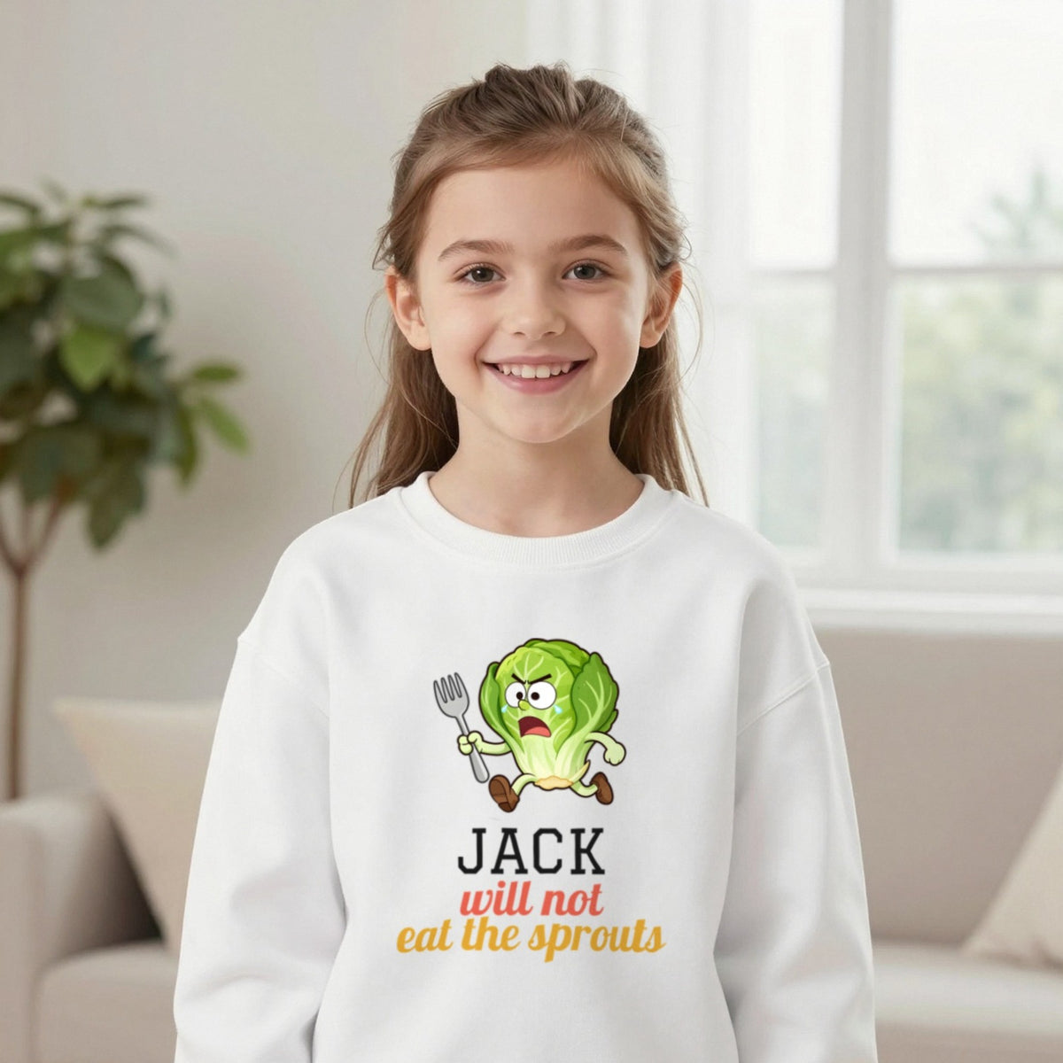 Kids Personalised Will Not Eat The Sprouts Christmas T-Shirt & Sweatshirt Sweatshirt in White, worn, our photo