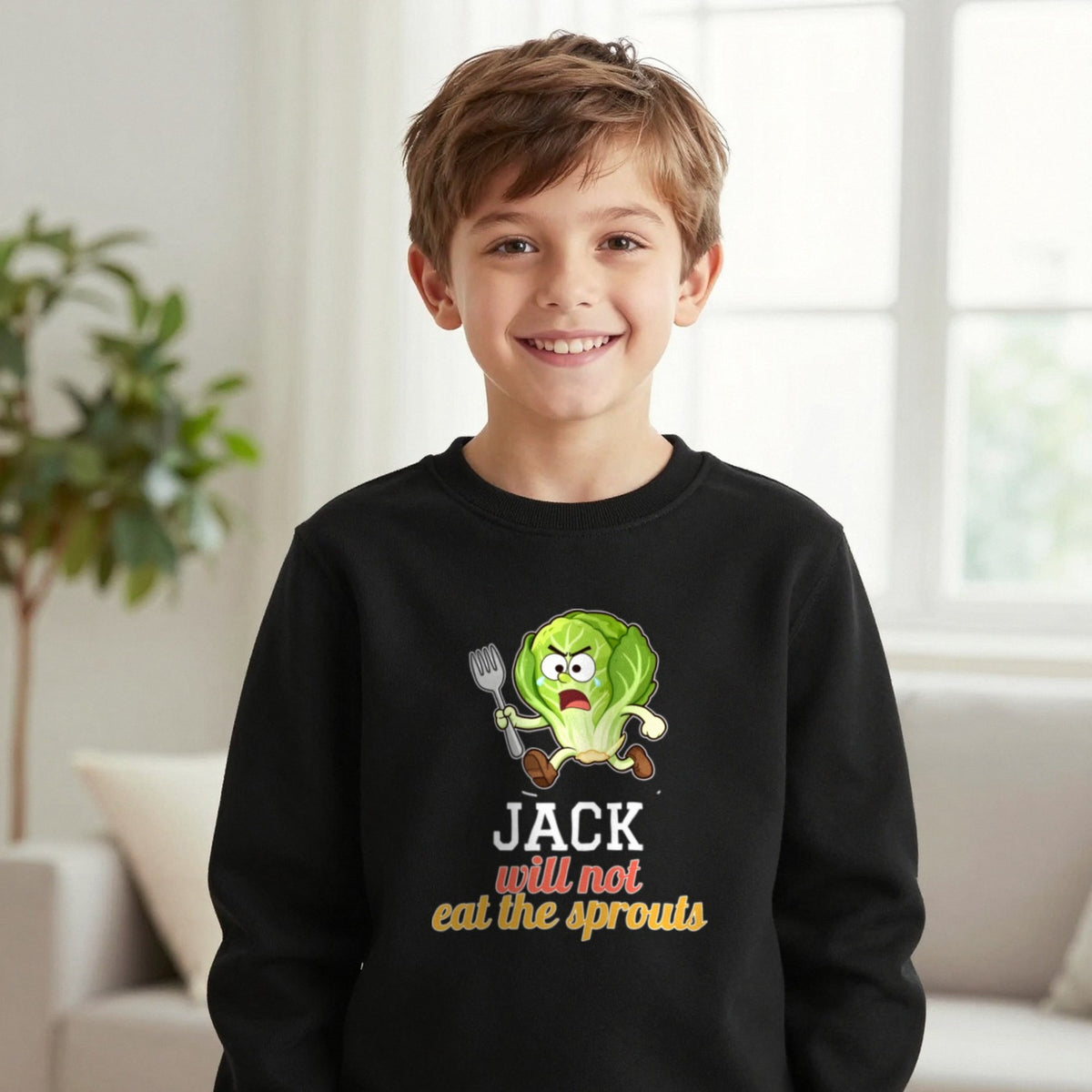 Kids Personalised Will Not Eat The Sprouts Christmas T-Shirt & Sweatshirt Sweatshirt in Black, worn, our photo