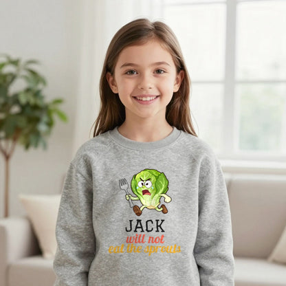 Kids Personalised Will Not Eat The Sprouts Christmas T-Shirt & Sweatshirt Sweatshirt in Sport Grey, worn, our photo